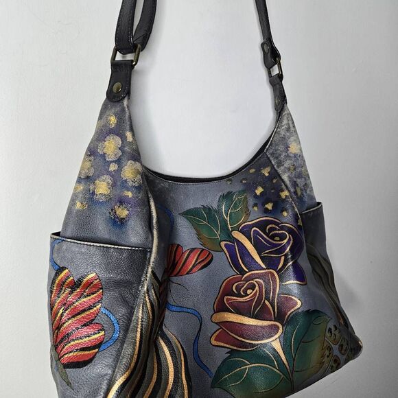 Anna Anushka Painted Hobo Bag Butterfly Roses Whimsical - Picture 3 of 14